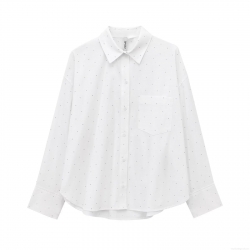 Women's Oversized White Long Sleeve Button Down Shirt With Rhinestone Embellishments Polyester Polka Dot Blouse Top For Casual Streetwear Party