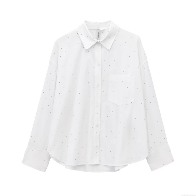Women's Oversized White Long Sleeve Button Down Shirt With Rhinestone Embellishments Polyester Polka Dot Blouse Top For Casual Streetwear Party