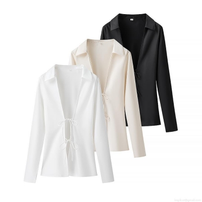 Women's Satin Long Sleeve Tie Front Blouse V Neck Solid Color Elegant Minimalist Streetwear Shirt Top For Ladies Spring Autumn Fashion