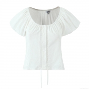 Women Sexy White Puff Sleeve Blouse Top With Lace Trim And Drawstring Tie Back Summer Off Shoulder Slim Cotton Short Sleeve Shirt For Women