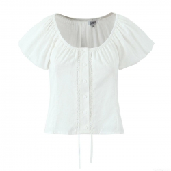 Women Sexy White Puff Sleeve Blouse Top With Lace Trim And Drawstring Tie Back Summer Off Shoulder Slim Cotton Short Sleeve Shirt For Women
