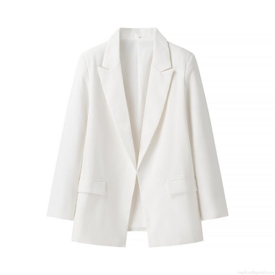 Women Fashion Linen Blend Long Sleeve Blazer Jacket Casual Solid Color Buttonless Lapel Outerwear Streetwear Top