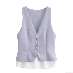 Women's Faux Two Piece Sleeveless V Neck Striped Patchwork Vest Shirt Casual Single Breasted Polyester Summer Blouse Top For Streetwear Women Fashion