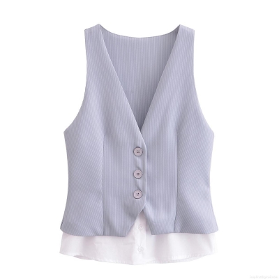Women's Faux Two Piece Sleeveless V Neck Striped Patchwork Vest Shirt Casual Single Breasted Polyester Summer Blouse Top For Streetwear Women Fashion