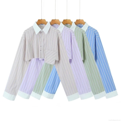 Women Striped Crop Shirt Cotton Blend Polyester Lapel Long Sleeve Single Pocket Button Down Casual Streetwear Spring Fashion Blouse Tops