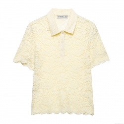 Women Short Sleeve Lace Polo Shirt Elegant Hollow Out Floral Embroidery Polyester Blouse Summer Streetwear Casual Tops For Lady