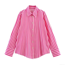 Women's Striped Long Sleeve Button Down Blouse Polyester Linen Blend Loose Fit Contrast Color Lapel Shirt For Daily Spring Summer Casual Streetwear