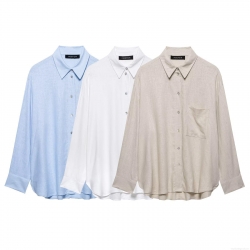 Women's Casual Loose Cotton Linen Texture Shirt Solid Color Long Sleeve Blouse With Pocket Lapel Button Down Top For Daily Streetwear
