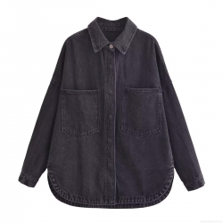 Women's Loose Denim Texture Shirt Polyester Lapel Long Sleeve Blouse With Double Pockets Casual Streetwear Button Down Top For Summer Autumn Women