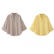 Women's 100% Cotton Linen Feel Striped Shirt Casual Loose Long Sleeve Button Down Blouse Lapel Collar Drop Shoulder Tops For Women Summer Spring Streetwear