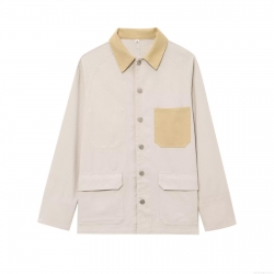 Women's 2025 Summer European Street Style Lapel Single Breasted Long Sleeve Shirt Jacket With Pockets Contrast Corduroy Collar Twill Fabric Beige Casual Blouse Outerwear