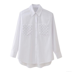 Women's White Long Sleeve Shirt 100% Polyester Lapel Rivet Pocket Blouse Casual Streetwear Solid Color Loose Fit Top For Women