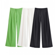 Women's Solid Color Pleated Wide Leg Pants 100% Polyester Casual Mid Waist Loose Trousers For Daily Streetwear Office Commute Autumn Fashion