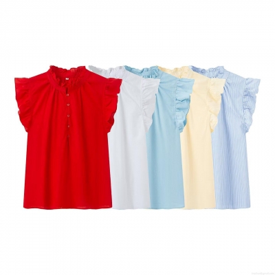 Women's Ruffle Sleeveless Blouse 100% Polyester Stand Collar Flutter Sleeve Button Up Shirt Casual Streetwear Office Top