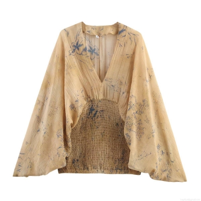 Women's V Neck Floral Print Blouse Chiffon Feel Batwing Sleeve Smocked Waist Pullover Top For Daily Vacation Autumn Bohemian Style Shirt
