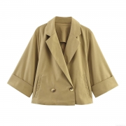 Women Short Blazer Jacket Linen Blend Double Breasted Lapel 3/4 Sleeve Loose Outerwear For Daily Street Wear Autumn Matcha Green