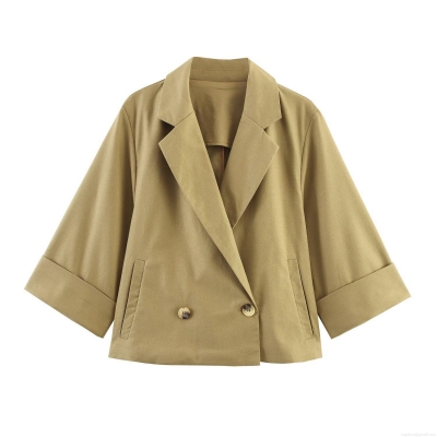 Women Short Blazer Jacket Linen Blend Double Breasted Lapel 3/4 Sleeve Loose Outerwear For Daily Street Wear Autumn Matcha Green
