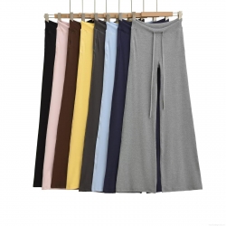 Women Ribbed Knit Flare Pants Solid Color Drawstring Elastic Waist Casual Wide Leg Bell Bottom Trousers Autumn Streetwear Yoga Pants For Women