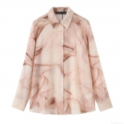 Women's Abstract Smoke Print Chiffon Blouse Long Sleeve Lapel Button Down Shirt Loose Fit Vertical Texture Streetwear Casual Lightweight Top