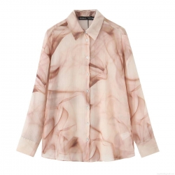 Women's Abstract Smoke Print Chiffon Blouse Long Sleeve Lapel Button Down Shirt Loose Fit Vertical Texture Streetwear Casual Lightweight Top