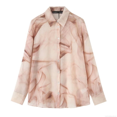 Women's Abstract Smoke Print Chiffon Blouse Long Sleeve Lapel Button Down Shirt Loose Fit Vertical Texture Streetwear Casual Lightweight Top
