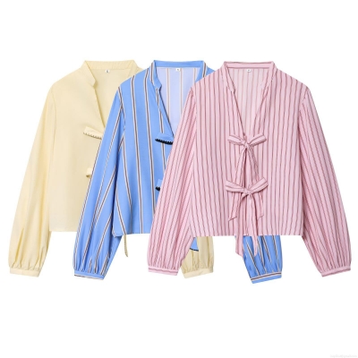 Women's Long Sleeve V-Neck Striped Blouse With Bow Tie Front Decoration Casual Street Style Autumn Polyester Shirt Top For Women Fashionable Outfit