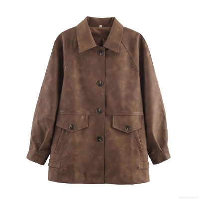 Women's Vintage Deep Brown Faux Suede PU Leather Mid-length Blazer Jacket With Lapel Collar Single Breasted Large Pockets Streetwear Autumn Outerwear