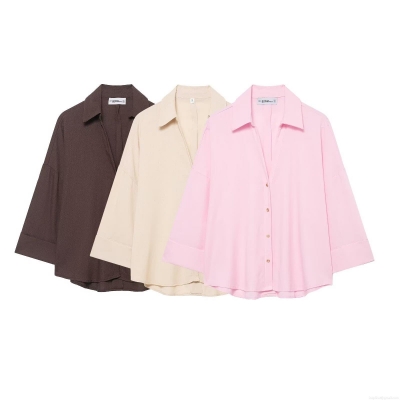 Women's Solid Color Loose Shirt Lapel Single Breasted Blouse Polyester Short Sleeve Casual Streetwear Autumn Fashion Top For Women Elegant Button Up Blouse