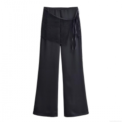 Women's Lace Splicing Wide Leg Pants Casual High Waist Drawstring Trousers Street Style Flowy Black Pants With Satin Ribbon Decoration