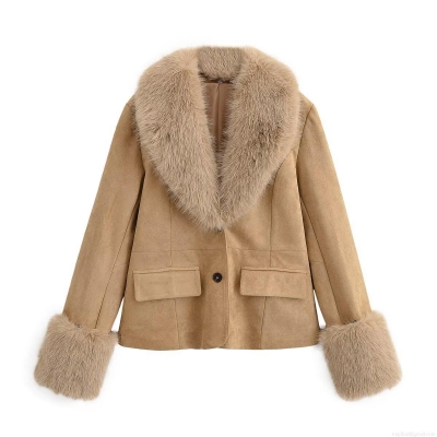 Women's Faux Suede Blazer Jacket With Detachable Faux Fur Collar And Cuffs Solid Color Warm Single Breasted Winter Coat For Women Streetwear