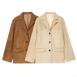 Women's Loose Faux Suede Blazer Jacket Long Sleeve Notch Lapel Single Breasted Solid Color Casual Autumn Winter Outerwear With Pockets For Women