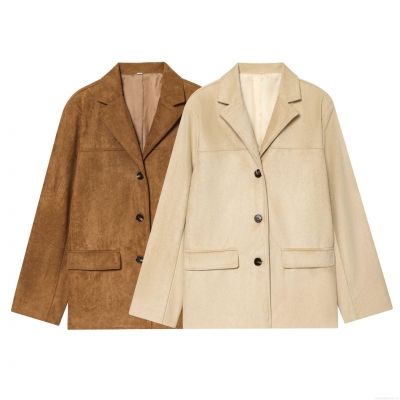 Women's Loose Faux Suede Blazer Jacket Long Sleeve Notch Lapel Single Breasted Solid Color Casual Autumn Winter Outerwear With Pockets For Women