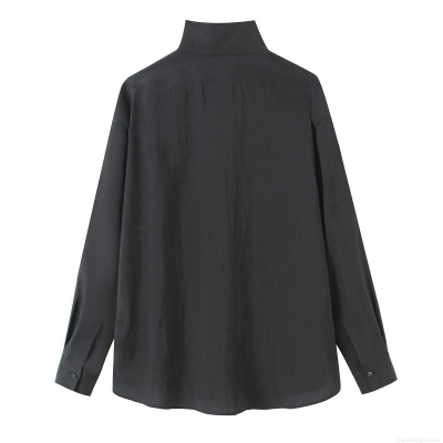 Women's Fashion Stand Collar Long Sleeve Blouse Casual Solid Color Loose Fit Single Breasted Shirt With Pocket Polyester Blend Tops For Winter