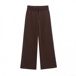 Women's Casual Knitted Wide Leg Pants Contrast Side Stripes Drawstring Elastic High Waist Straight Trousers Minimalist Fashion Long Sweatpants For Spring Daily Wear