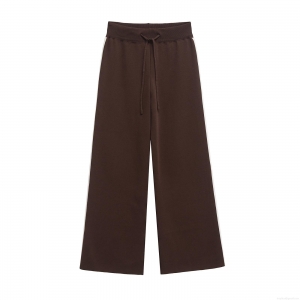 Women's Casual Knitted Wide Leg Pants Contrast Side Stripes Drawstring Elastic High Waist Straight Trousers Minimalist Fashion Long Sweatpants For Spring Daily Wear