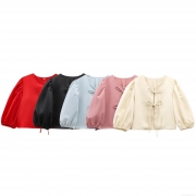 Women's Satin Puff Sleeve Bow Tie Blouse Vintage Elegant Short Top Lantern Sleeve Round Neck Solid Color Shirt for Party Date Women Clothing