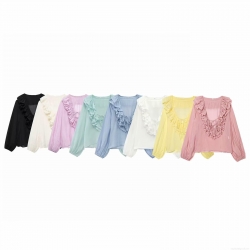 Women Casual Long Sleeve Chiffon Blouse V Neck Ruffle Tiered Solid Color Loose Fit Tie Neck Fashion Summer Shirt For Ladies