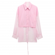 Women's Pink Patchwork Long Sleeve Shirt Sheer Organza Mesh Button Up Blouse With Back Tie Bow Sweet Casual Loose Summer Tops For Ladies