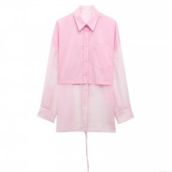 Women's Pink Patchwork Long Sleeve Shirt Sheer Organza Mesh Button Up Blouse With Back Tie Bow Sweet Casual Loose Summer Tops For Ladies