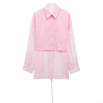 Women's Pink Patchwork Long Sleeve Shirt Sheer Organza Mesh Button Up Blouse With Back Tie Bow Sweet Casual Loose Summer Tops For Ladies