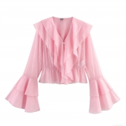 Elegant Women Pink Polyester Ruffle Blouse With V-Neck And Layered Bell Sleeves Chic Sweet Solid Color Cinched Waist Long Sleeve Top For Party Daily Fashion