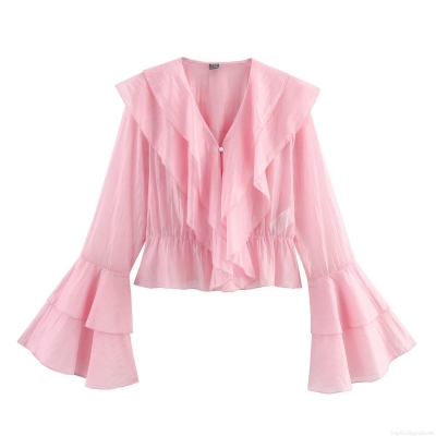 Elegant Women Pink Polyester Ruffle Blouse With V-Neck And Layered Bell Sleeves Chic Sweet Solid Color Cinched Waist Long Sleeve Top For Party Daily Fashion