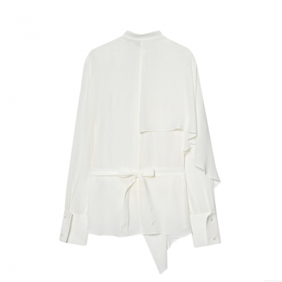 Women's Elegant Asymmetrical White Blouse Polyester Silk Texture Long Sleeve Shirt With Back Bow Tie For Casual Party Office Lady Tops