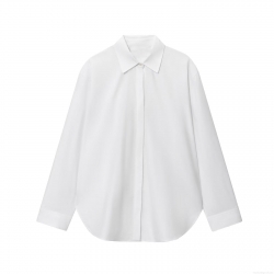 Women's Minimalist White Poplin Long Sleeve Blouse Casual Loose Button Down Shirt With Lapel Collar For Office Daily Autumn Wear