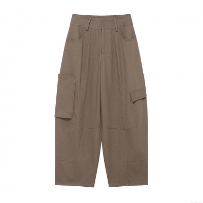 Women High Waist Cargo Balloon Pants Loose Wide Leg Workwear Trousers With Multi Pockets Solid Color Polyester Twill Casual Streetwear Pants