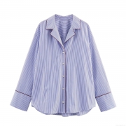 Women's Blue and White Striped Poplin Polyester Shirt Contrast Red Piping Long Sleeve Loose Casual Pajama Style Top Blouse For Daily Wear