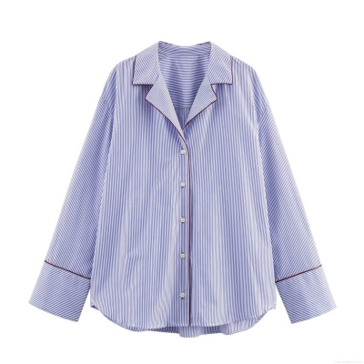 Women's Blue and White Striped Poplin Polyester Shirt Contrast Red Piping Long Sleeve Loose Casual Pajama Style Top Blouse For Daily Wear
