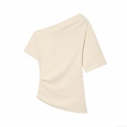 Women One Shoulder Ruched Satin Blouse Asymmetric Neck Short Sleeve Top Elegant Cream White Pullover Shirt For Party Dating Casual Wear