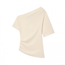 Women One Shoulder Ruched Satin Blouse Asymmetric Neck Short Sleeve Top Elegant Cream White Pullover Shirt For Party Dating Casual Wear