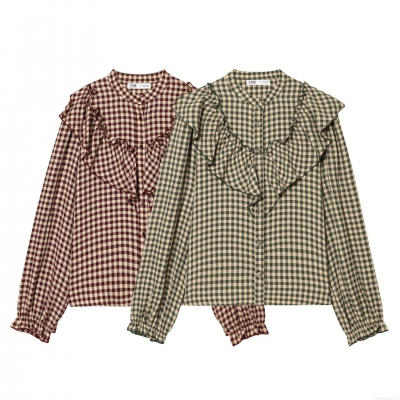 Women Retro Plaid Long Sleeve Shirt With Ruffle Trim Elegant Polyester Cotton Blend Blouse For Daily Dating Office Autumn Winter